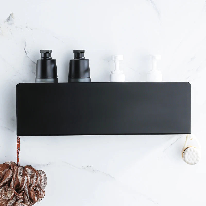 Estante organizador de baño negro con ganchos, estantes de aluminio para decoración de cocina, estante de almacenamiento para ducha de pared