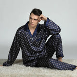 Men’s Satin Pajama Set - Soft, Silky Sleepwear with Print & Elastic Waist, V-neck, Full Sleeve Design
