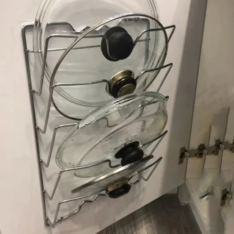 Organizador de tapas de ollas montado en la pared: estante de almacenamiento de metal de 5 capas que ahorra espacio