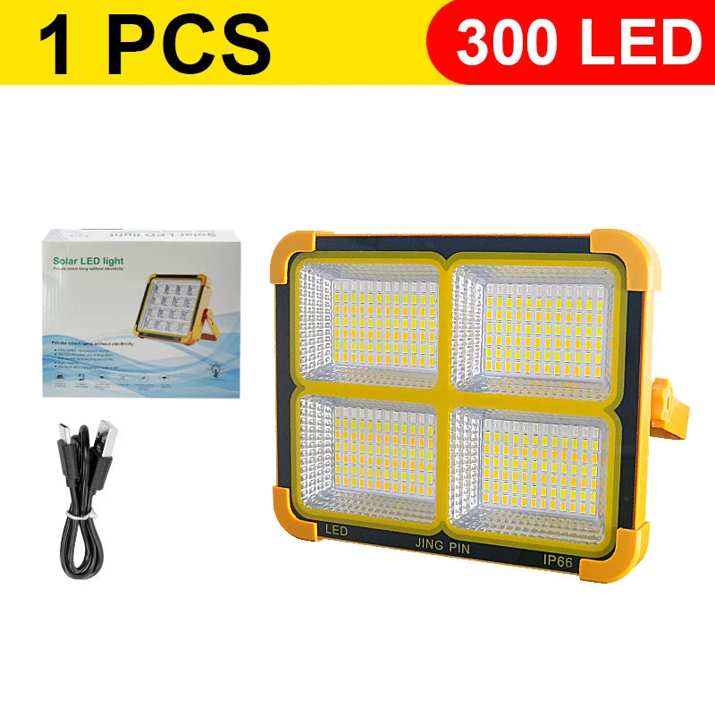 Linterna LED para acampar recargable con energía solar: 300 W ultrabrillante, banco de energía, luz de emergencia y para exteriores