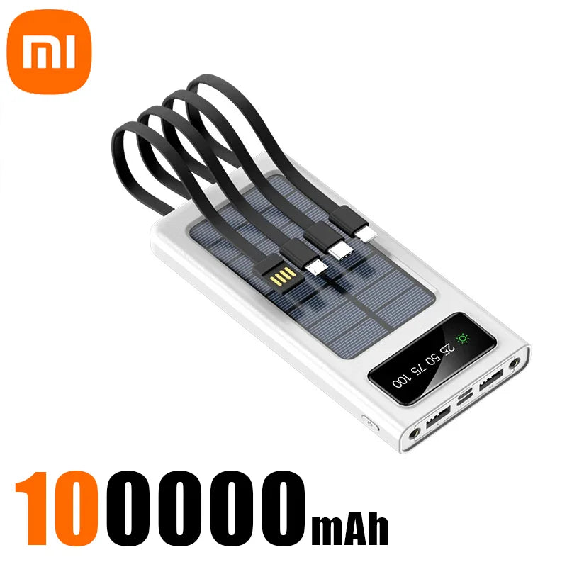 200000mAh Solar Power Bank with 4 Built-in Cables - Fast Charging for iPhone & Samsung