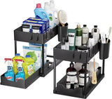 Organizador de 2 niveles debajo del fregadero: estante de almacenamiento deslizante con ganchos y taza para colgar