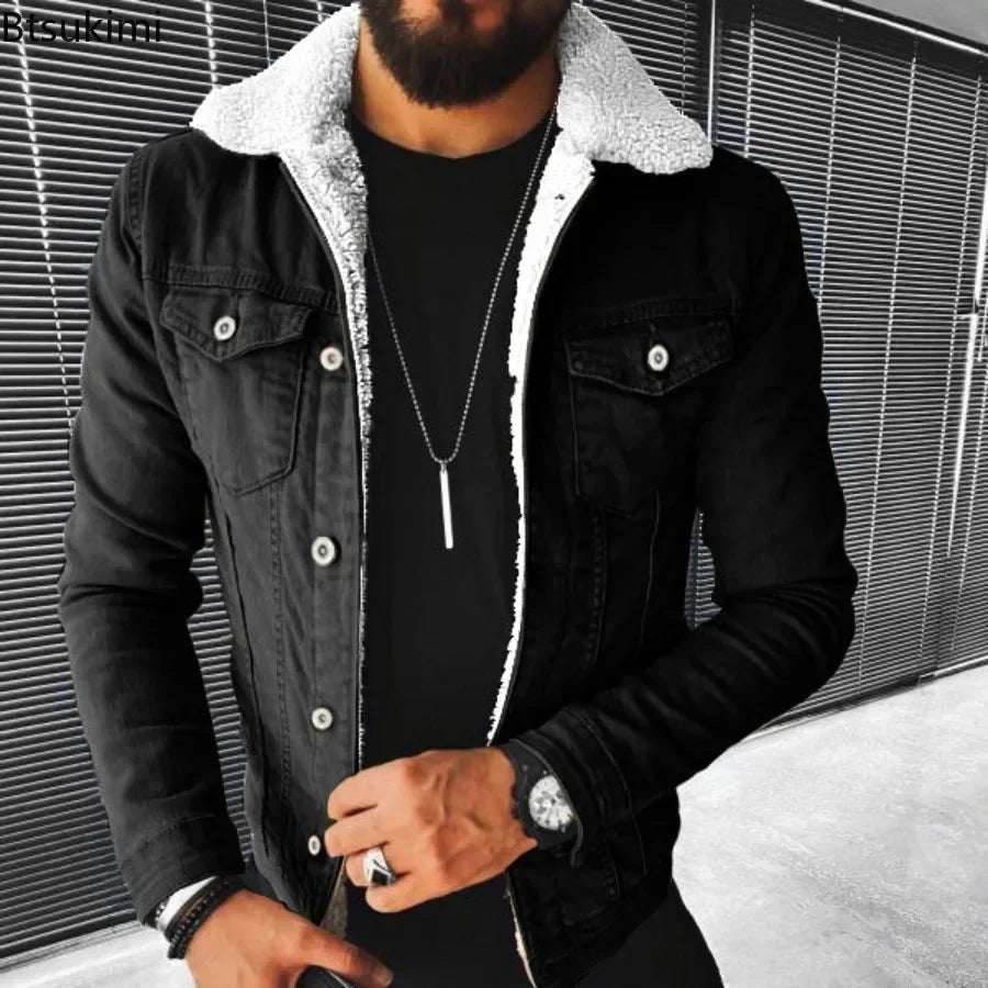 Men’s Warm Fleece-Lined Denim Jacket – Thick Winter Outerwear with Plush Lapel