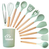 Juego de utensilios de cocina de silicona de 12 piezas: herramientas de cocina antiadherentes y resistentes al calor con mangos de madera
