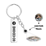 Custom Photo Projection Keychain with Spotify Code – Personalized Stainless Steel Key Ring with Engraved Name, Date, and Calendar