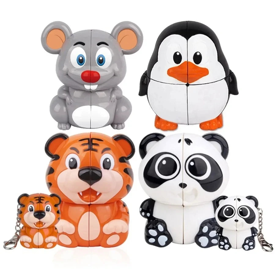 Llavero con forma de cubo mágico de 2 x 2 con forma de animal de dibujos animados: minijuguete de rompecabezas para niños y coleccionistas