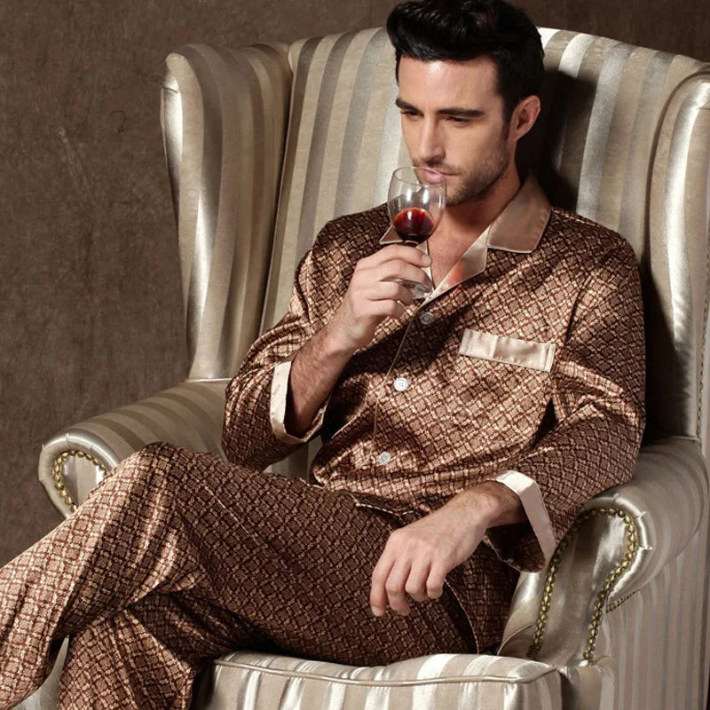 Luxury Men's Paisley Pajama Set - Soft Imitation Silk Full Sleeve Sleepwear with Elastic Waist
