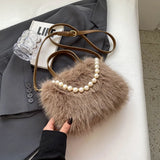 Elegant Plush Pearl-Decorated Handbag for Women – Stylish Autumn & Winter Fashion Tote