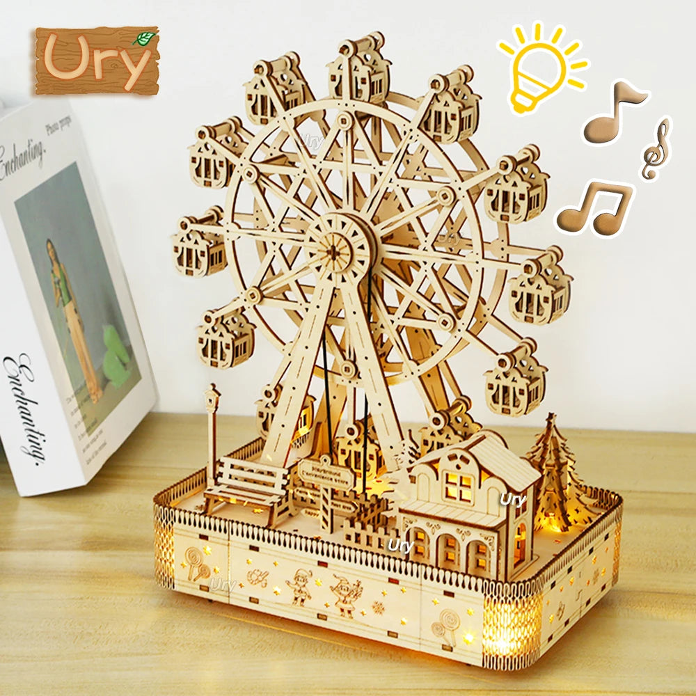 3D Wooden Ferris Wheel Puzzle with LED Lights & Music - DIY Mechanical Model Kit for Adults & Teens