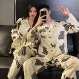 Men’s & Women’s Ice Silk Pajama Set – Breathable Printed Nightwear with Full Sleeves & Turn-Down Collar