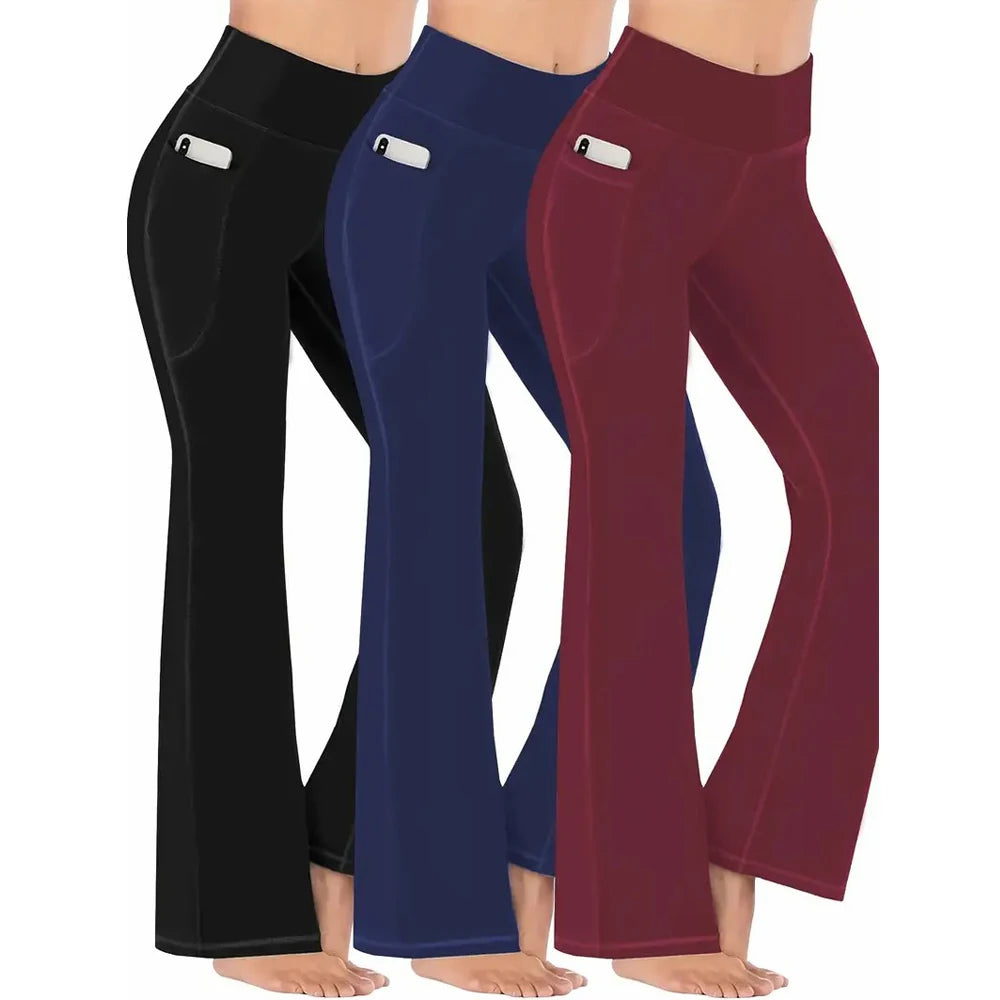 Women's High Waist Flare Leggings with Pockets - Tummy Control Yoga Pants for Workout & Casual Wear