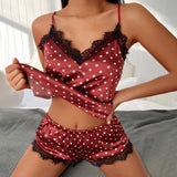 Women’s Cotton Linen Pajama Set – Lightweight V-Neck Sleepwear with Polka Dot Design