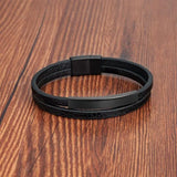 Men's Genuine Leather Bracelet - Stainless Steel Double-Layer Braided Bangle
