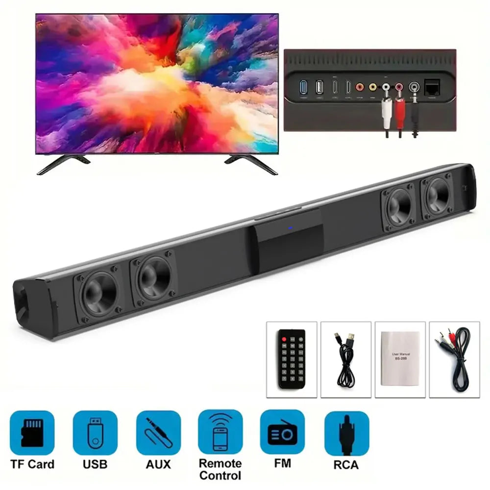 Bluetooth 5.3 Soundbar with Stereo Surround Sound and Remote Control – Home Theater Speaker with RCA, AUX, TF Card Support