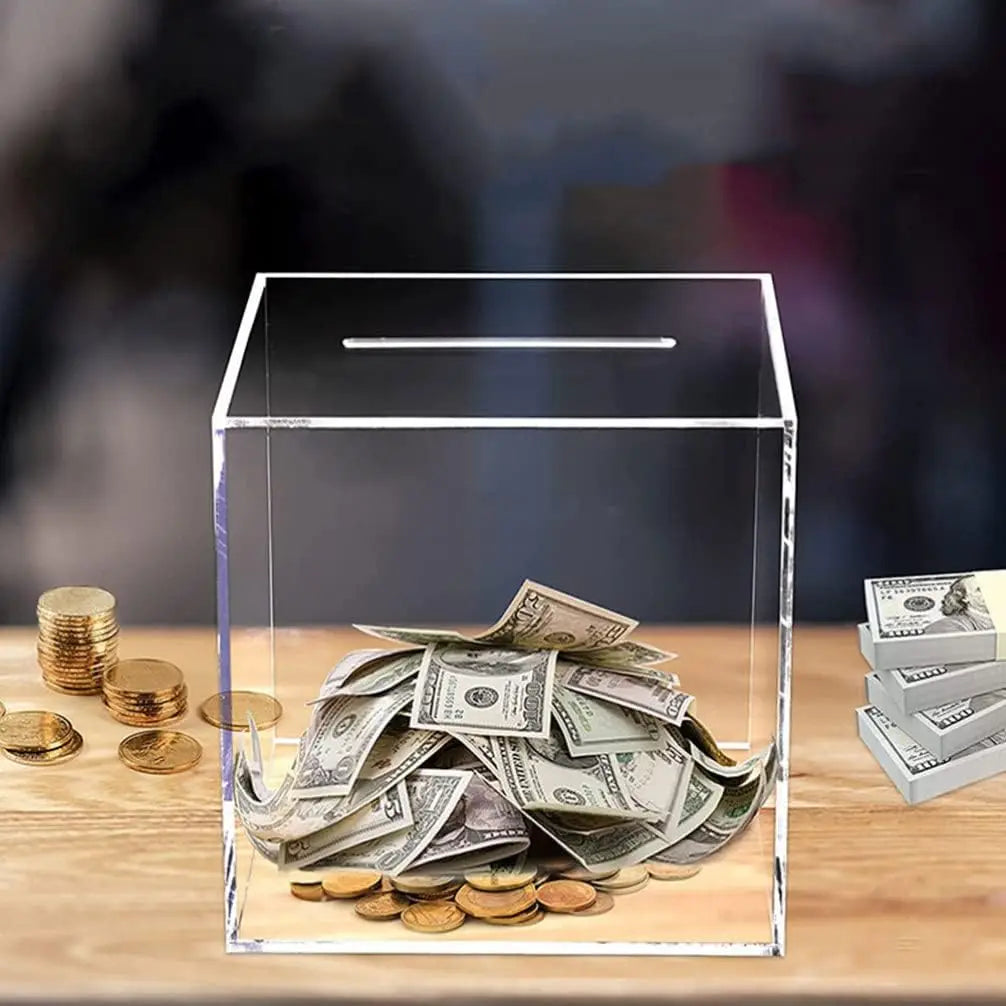 Alcancía de acrílico transparente: caja para ahorrar dinero irrompible con diseño que se abre al abrirla