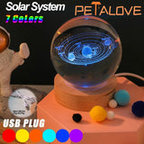 3D Solar System Crystal Night Light - USB-Powered Galaxy Lamp with Wooden Base