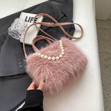 Elegant Plush Pearl-Decorated Handbag for Women – Stylish Autumn & Winter Fashion Tote