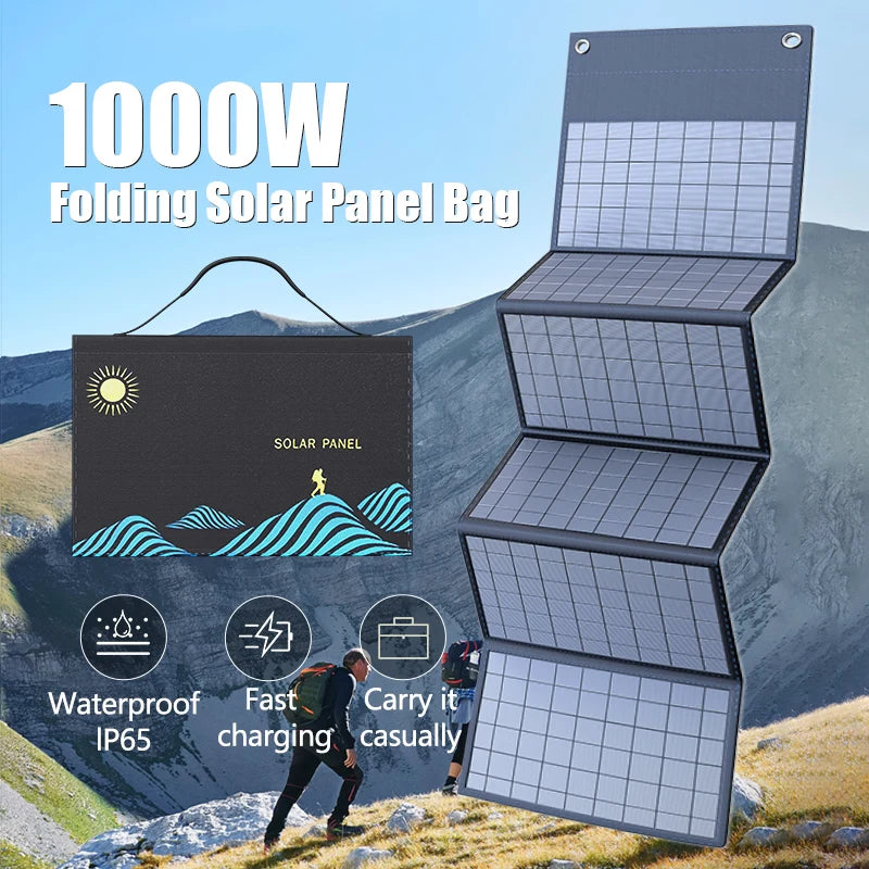 Foldable 1000W Portable Solar Panel Charger with USB & DC Output for Camping and Outdoor Power