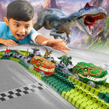 Juego de pista de carreras de dinosaurios con volcán que genera niebla: kit de tren de escalada a batería para niños