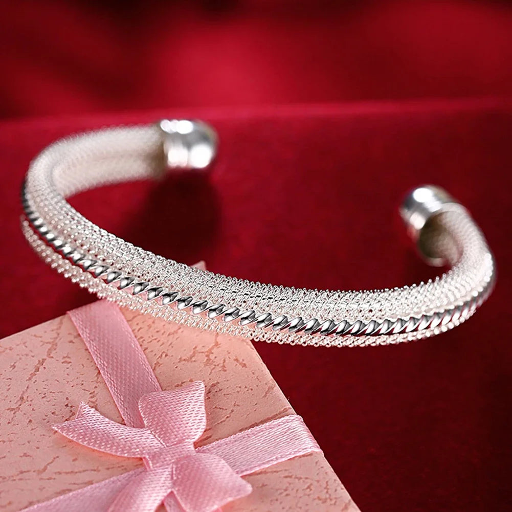 925 Sterling Silver Open Cuff Bracelet for Women - Trendy Adjustable Bangle Jewelry