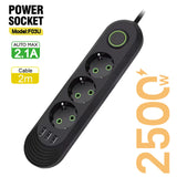 EU Plug Power Strip – 3 USB Ports, 2500W Capacity with Extension Cord
