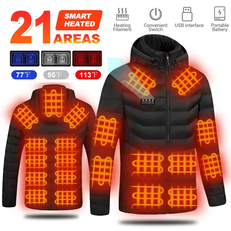 USB Heated Jacket for Men & Women - 21-Zone Heating for Winter Sports