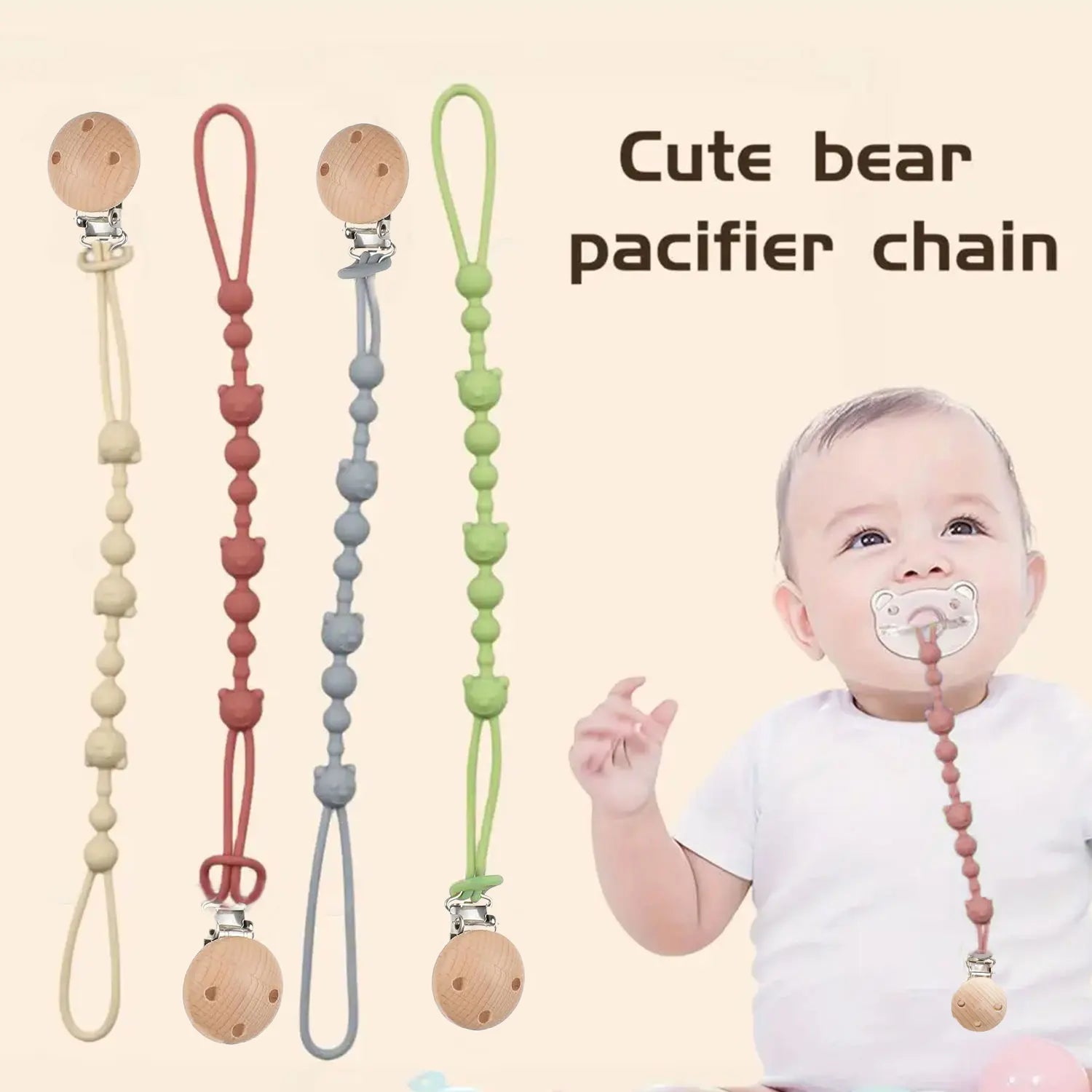 Chupete de bebé anti-cadena cochecito dientes anti-pérdida oso cadena bebé silicona chupete clip juguete mordedor pegamento orejera