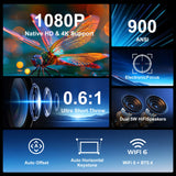 Ultra Short Throw Smart Projector with 900 ANSI Lumens, 1080P Native Resolution, WiFi 6 & Android 11