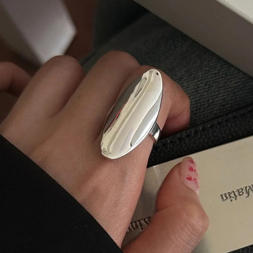 Anillo abierto de plata de ley 925: diseño minimalista retro ovalado para mujer