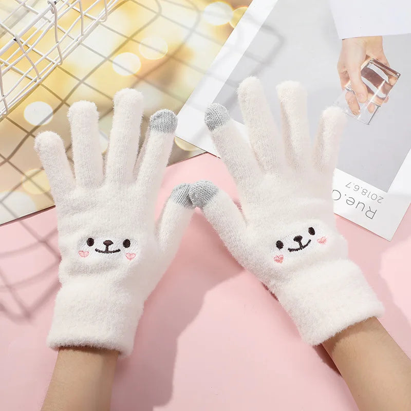 Cute Embroidered Bear Touchscreen Gloves – Warm Knit Winter Gloves for Women