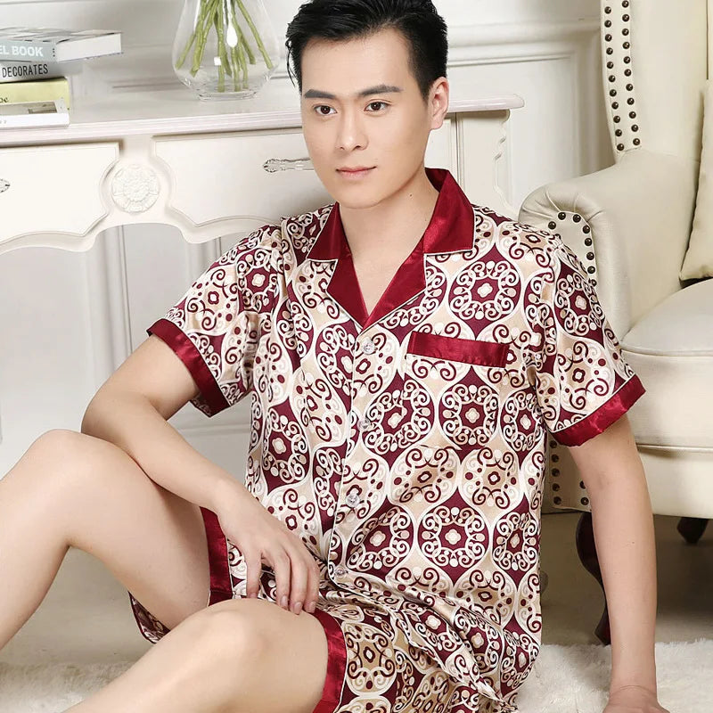 Luxury Men's Paisley Pajama Set - Soft Imitation Silk Full Sleeve Sleepwear with Elastic Waist