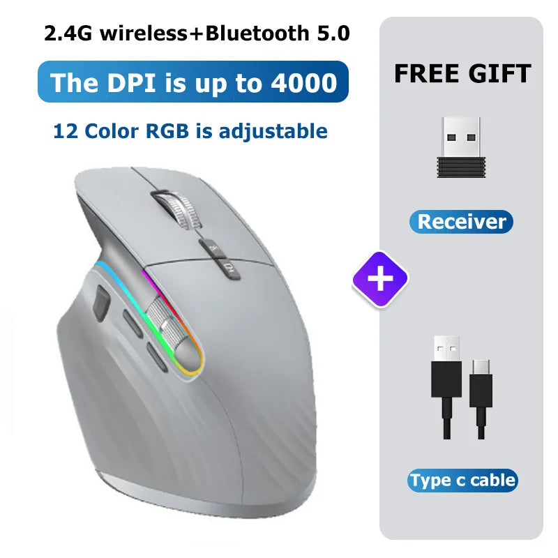 Rechargeable RGB Gaming Mouse - 4000 DPI, Bluetooth & 2.4G Wireless, 12-Color Backlight