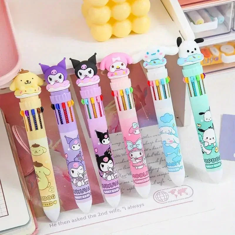 Sanrio 10-Color Ballpoint Pen – Cute Hello Kitty, Kuromi & Cinnamoroll Multicolor Pens for School & Office