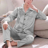Men’s Plus Size Solid Color Pajama Set – Soft Polyester Long Sleeve Sleepwear with Button Closure