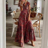 Women's Floral Print A-Line Dress with Petal Sleeves – Summer V-Neck Maxi Dress
