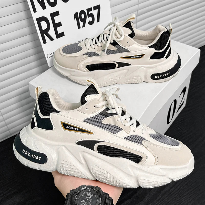 Men's Thick Sole Mesh Sneakers with Breathable Lace-Up Design