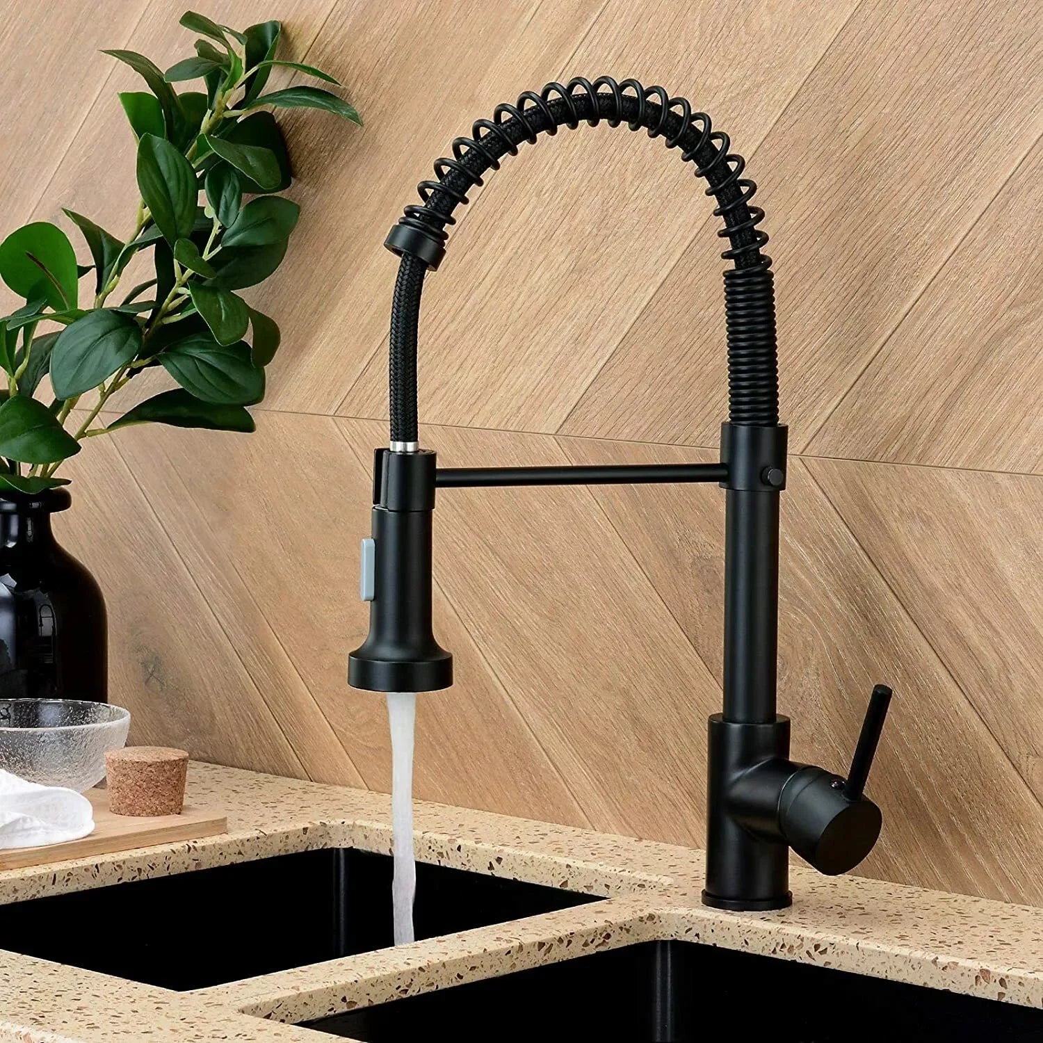 Grifo de cocina negro mate: grifo monomando con resorte para agua fría y caliente