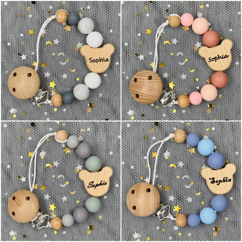 Clip para chupete de bebé personalizado: soporte de cuentas de silicona con nombre personalizado y colgante para mordedor, regalo