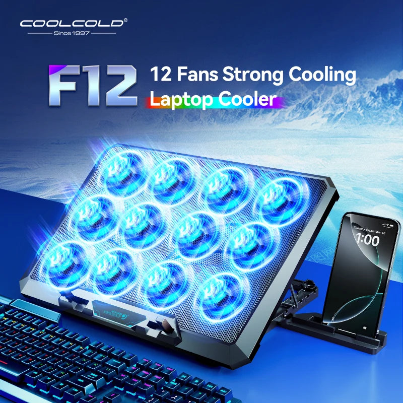 COOLCOLD Laptop Cooling Pad – 12 Quiet Fans, 12-17.3 Inch Gaming Laptop Cooler with Dual USB & Phone Holder