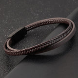 Men's Genuine Leather Bracelet - Stainless Steel Double-Layer Braided Bangle