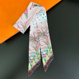 Elegant Twill Silk Ribbon Scarf – Elephant Print Long Hair & Bag Accessory