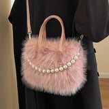 Elegant Plush Pearl-Decorated Handbag for Women – Stylish Autumn & Winter Fashion Tote