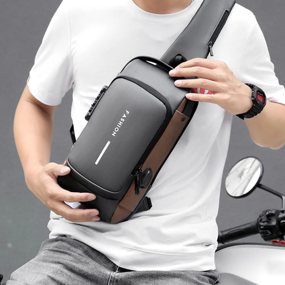 Men’s Anti-Theft USB Charging Sling Bag – Waterproof Oxford Chest Bag with Password Lock