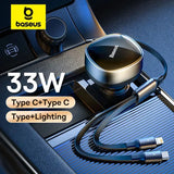 Cargador retráctil para coche de 30 W: adaptador de carga rápida dual USB-C y Lightning