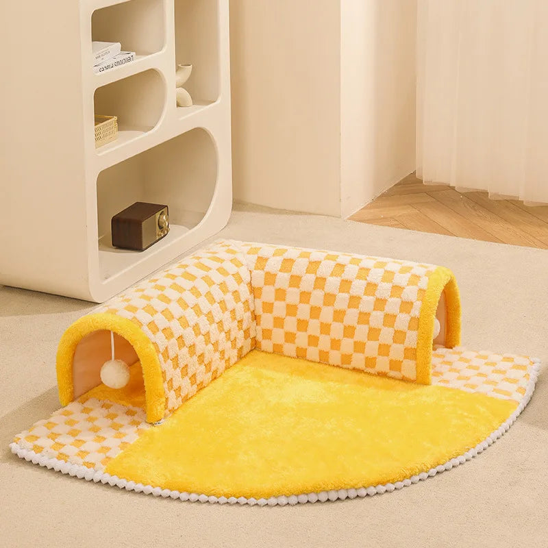 2-in-1 Cat Tunnel Bed - Plush Play Tunnel & Hideaway House for Kittens (60x60cm)