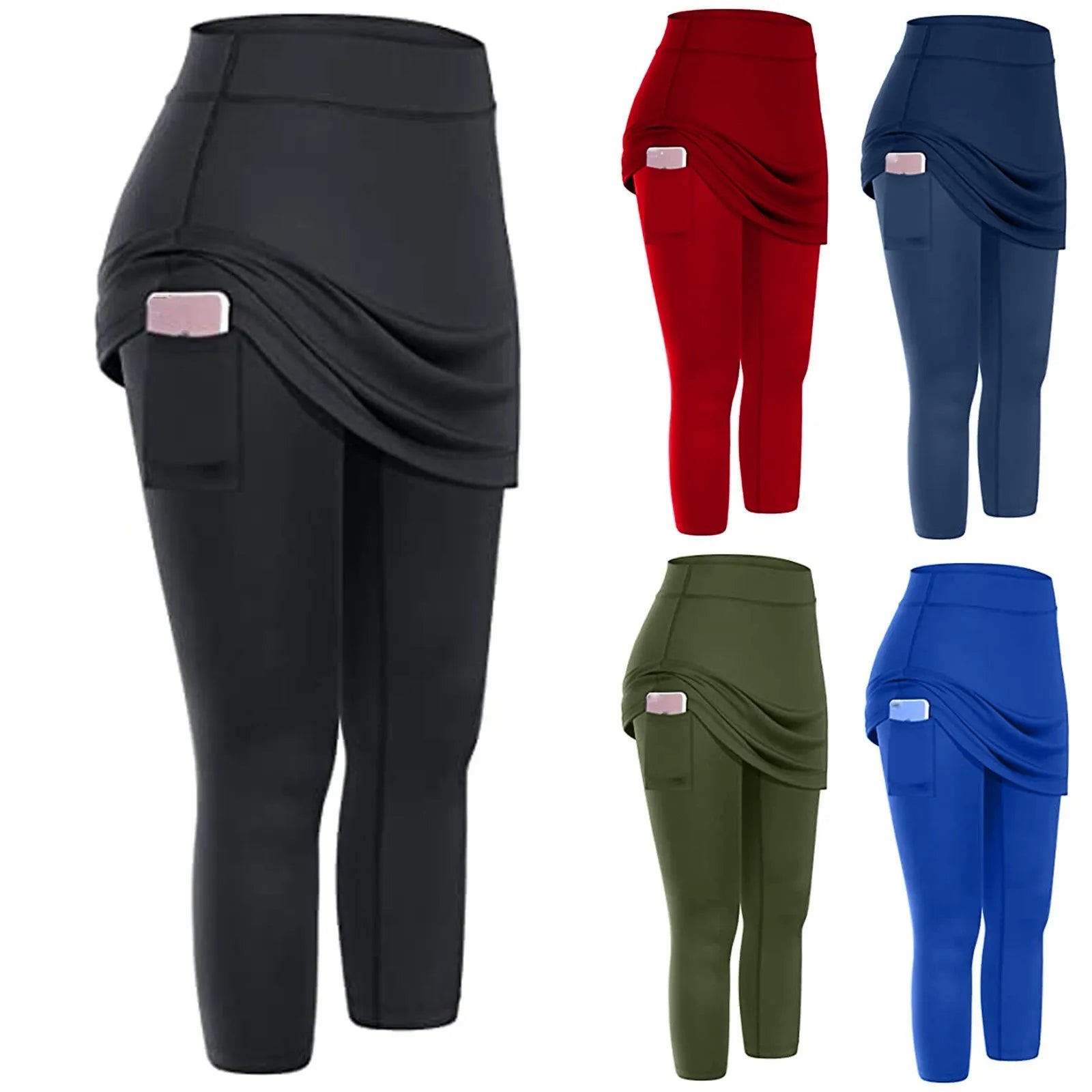 Women's Skirted Yoga Leggings with Pockets – High-Waist Sports Skirt Capri for Workout, Tennis & Running