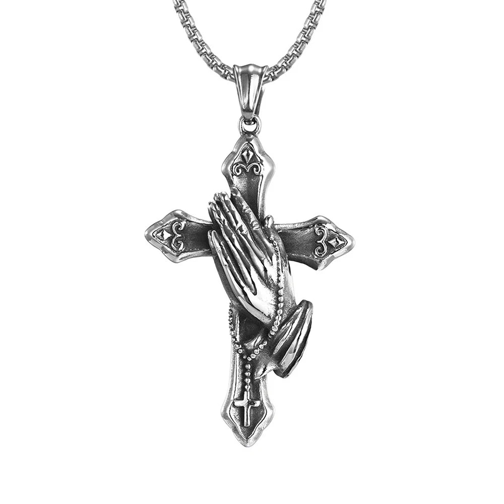Stainless Steel Praying Hands Cross Necklace - Vintage Hip Hop Pendant Chain for Men