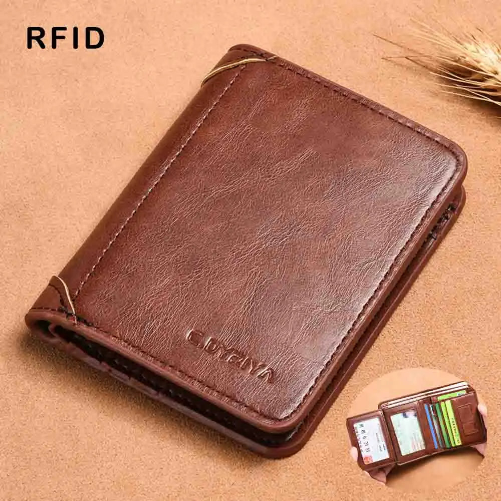 RFID Men’s Leather Trifold Wallet – Vintage Short Multi-Function Card Holder with ID Slot and Cash Compartments