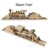3D Wooden Steam Train Puzzle with Railway Bridge - DIY Model Kit