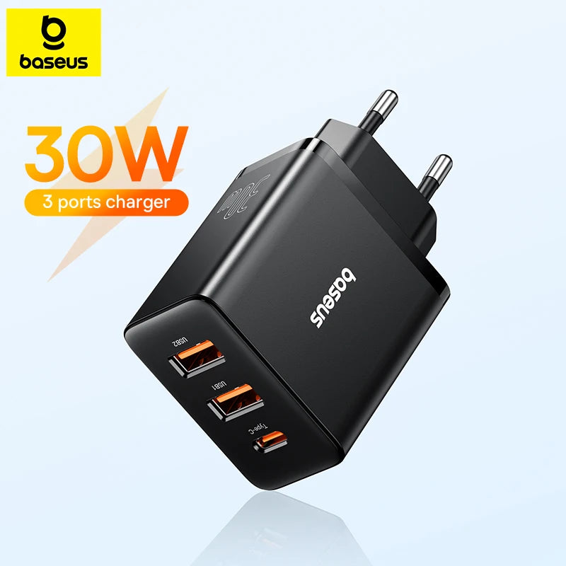 Cargador de viaje rápido de 30 W: adaptador de corriente con dos puertos USB y tipo C para iPhone, Samsung y más